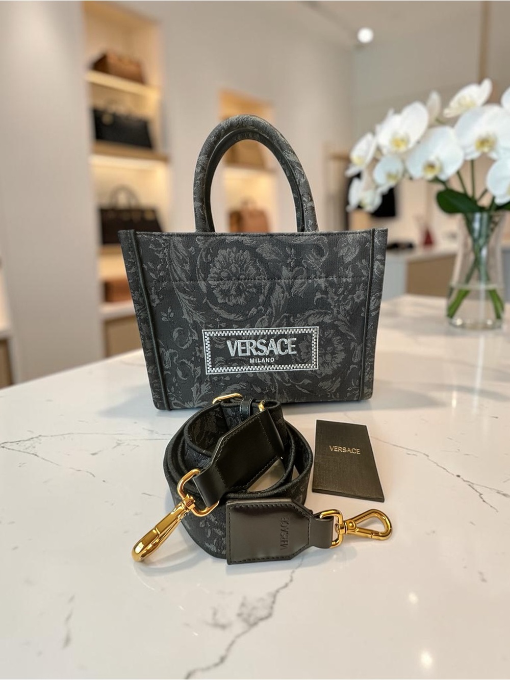 Versace Black Jacquard Floral Tote with Gold Hardware